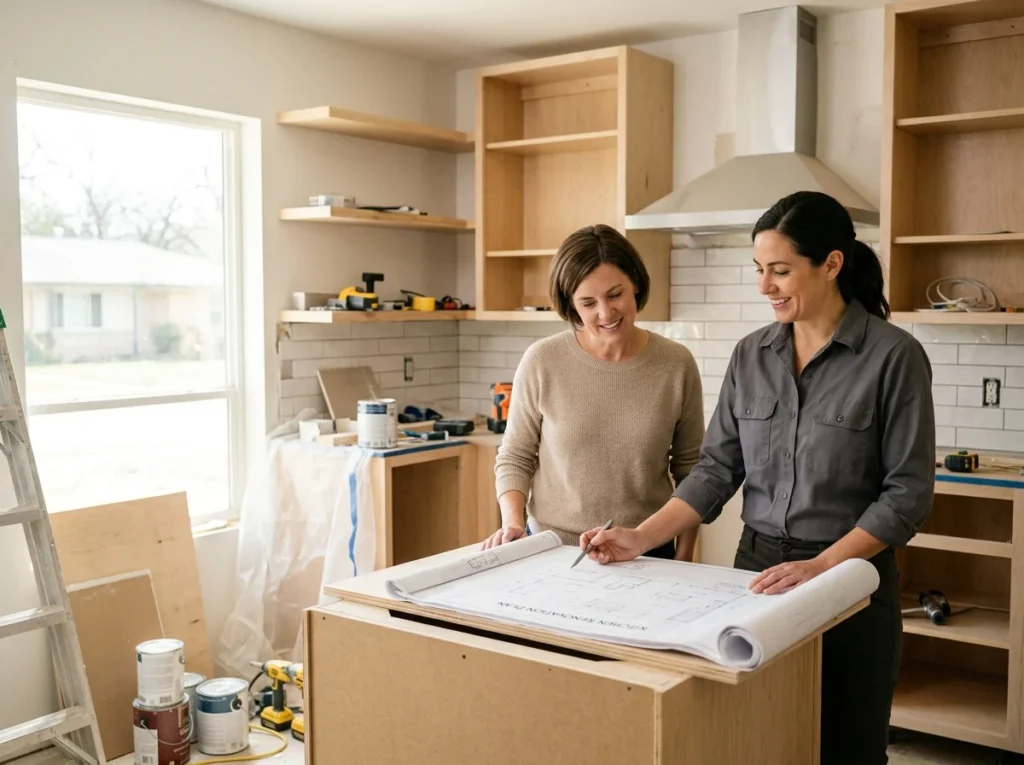 A project lead reviewing plans with a homeowner mid-remodel