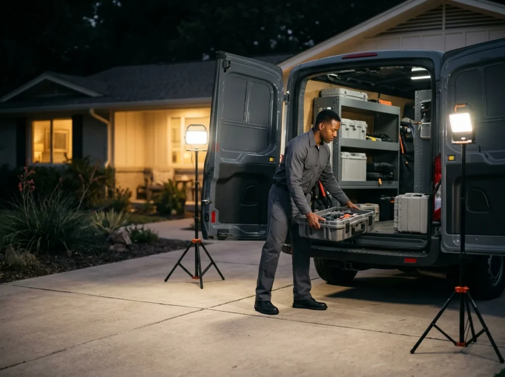 A technician unloading equipment for an evening call