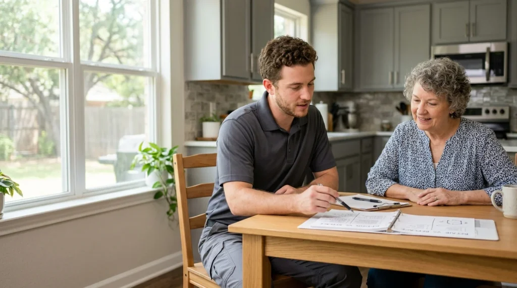A technician and homeowner comparing repair and replacement options