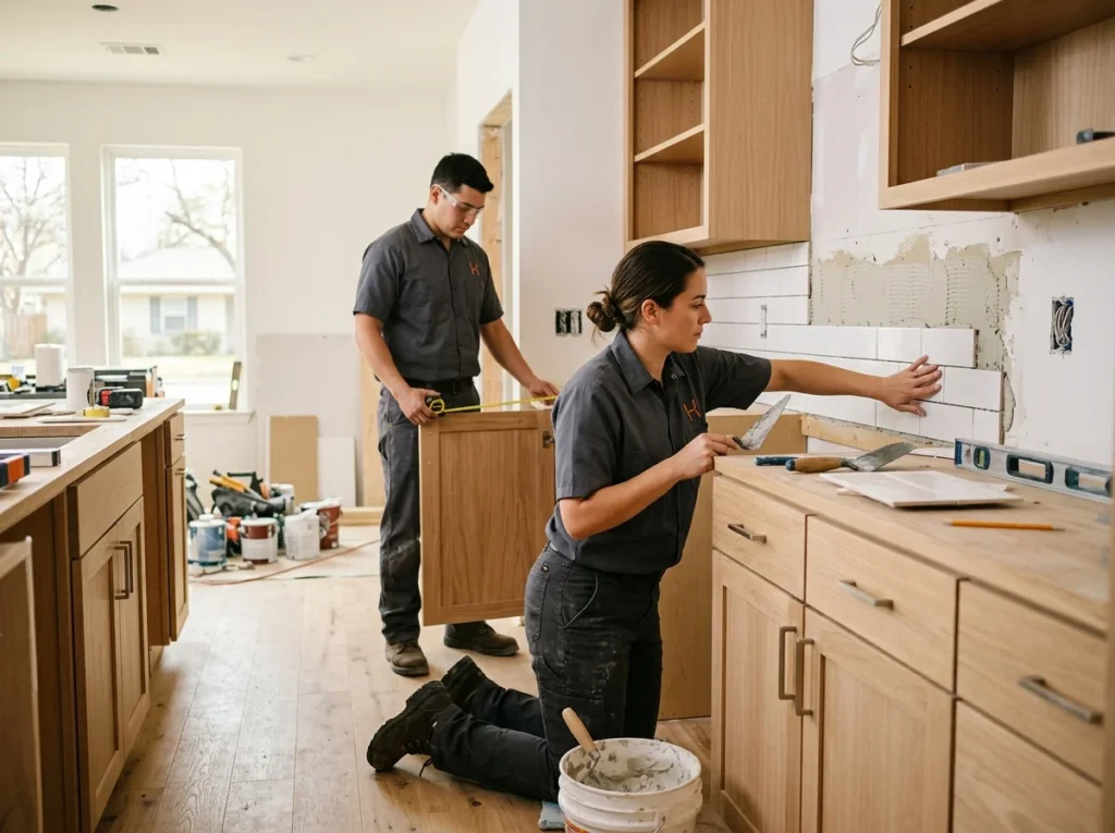 A Homefront crew fitting new cabinetry during a kitchen remodel